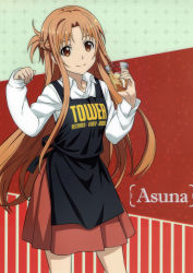 Rule 34 | 1girl, absurdres, apron, asuna (sao), black apron, blouse, braid, braided bun, brown eyes, brown hair, character name, collared shirt, cup, floating hair, french braid, hair bun, highres, holding, holding cup, long hair, long sleeves, looking at viewer, medium skirt, pleated skirt, red skirt, shirt, skirt, smile, solo, standing, sword art online, very long hair, white shirt, wing collar