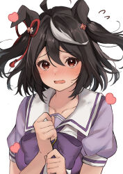 Rule 34 | 1girl, ahoge, animal ears, black hair, blush, bow, bowtie, clenched hands, collarbone, commentary, double-parted bangs, ears down, embarrassed, hair between eyes, hair ornament, hair ribbon, hands up, heart, highres, horse ears, horse girl, kitasan black (umamusume), looking at viewer, multicolored hair, na-code (gurich), nose blush, purple bow, purple bowtie, purple shirt, red eyes, red ribbon, ribbon, sailor collar, shirt, short hair, simple background, solo, streaked hair, sweat, two-tone hair, two side up, umamusume, upper body, white background, white hair, white sailor collar