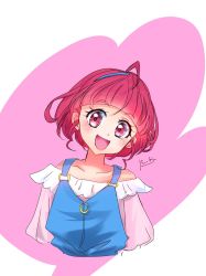 Rule 34 | 1girl, :d, ahoge, alternate hair length, alternate hairstyle, blue hairband, blush, collarbone, cropped torso, hairband, highres, hoshina hikaru, looking at viewer, manekineko5319, off-shoulder shirt, off shoulder, open mouth, overalls, pink shirt, precure, red eyes, red hair, shirt, short hair, signature, sketch, smile, solo, star twinkle precure, upper body