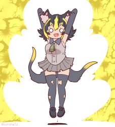 Rule 34 | 1girl, animal ears, arms up, black hair, blonde hair, coroha, elbow gloves, extra ears, full body, gloves, jumping, kemono friends, looking at viewer, multicolored hair, necktie, raijuu (kemono friends), shirt, shoes, short hair, simple background, skirt, sleeveless, sleeveless shirt, solo, tail, thighhighs, thunder, two-tone hair, yellow background