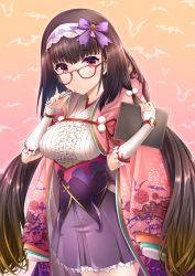 10t 1girl black_hair blush breasts brown_hair fate/grand_order fate_(series) female_focus glasses gradient_hair hairband japanese_clothes large_breasts long_hair looking_at_viewer low_twintails multicolored_hair osakabehime_(fate) purple_eyes purple_skirt skirt solo tablet_pc twintails very_long_hair