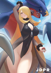Rule 34 | 1girl, alternate costume, arm up, armpits, black leotard, blonde hair, breasts, cleavage, cleavage cutout, closed mouth, clothing cutout, cloud, commentary request, covered navel, creatures (company), cynthia (pokemon), day, eyelashes, fur collar, fur cuffs, game freak, garchomp, gen 4 pokemon, hair over one eye, highleg, holding, holding poke ball, jdpr, large breasts, leotard, long hair, looking at viewer, nintendo, outdoors, poke ball, poke ball (basic), pokemon, pokemon (creature), pokemon dppt, see-through, see-through coat, sky, smile, thighs, very long hair, watermark, web address