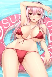 Rule 34 | 1girl, akitsuki karasu, arm up, armpits, bikini, blush, breasts, cleavage, front-tie top, headphones, highres, innertube, large breasts, long hair, looking at viewer, nipples, nitroplus, open bikini, open clothes, open mouth, pink hair, red bikini, red eyes, shiny clothes, solo, super sonico, swim ring, swimsuit, tan, tanline, untied, water