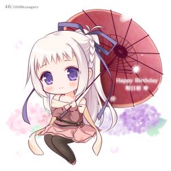 Rule 34 | 1girl, black pantyhose, blue ribbon, blush stickers, braid, brown footwear, brown shirt, brown skirt, character name, chibi, closed mouth, commentary request, copyright request, flower, hair ribbon, happy birthday, high ponytail, holding, holding umbrella, hydrangea, long hair, long sleeves, off-shoulder shirt, off shoulder, oil-paper umbrella, pantyhose, pink flower, pleated skirt, ponytail, purple eyes, purple flower, red umbrella, ribbon, ribbon-trimmed sleeves, ribbon trim, ryuuka sane, shirt, shoes, skirt, sleeves past wrists, smile, solo, twitter username, umbrella, very long hair, white hair