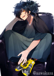 Rule 34 | 1boy, alternate footwear, black hair, cape, chair, commentary request, fate/grand order, fate/type redline, fate (series), full body, hair over one eye, japanese clothes, kimono, koha-ace, long hair, long sleeves, looking at viewer, male focus, okada izou (fate), open mouth, ponytail, ryuuki (hydrangea), scarf, simple background, sitting, smile, solo, twitter username, white background, wide sleeves, yellow eyes
