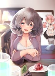 Rule 34 | 2girls, absurdres, breasts, bucket, bucket of water, demon girl, demon tail, grey hair, highres, holding, holding bucket, indoors, large breasts, long hair, looking at viewer, maid, medium hair, mole, mole on breast, multiple girls, narushima kanna, original, pink hair, grey eyes, sitting, solo focus, tail