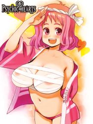 Rule 34 | 1girl, areola slip, arms behind back, bandages, breasts, character request, cowboy shot, large breasts, logo, looking at viewer, lowres, navel, off shoulder, official art, open mouth, pink eyes, pink hair, psychic hearts, ryoji (nomura ryouji), short hair, solo