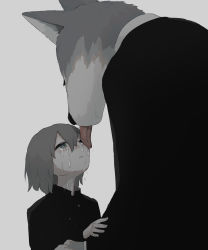 Rule 34 | 1boy, 1other, absurdres, avogado6, black shirt, commentary request, crying, crying with eyes open, furry, grey hair, hair between eyes, height difference, highres, licking, licking another&#039;s face, looking up, original, parted lips, shirt, tears, wolf