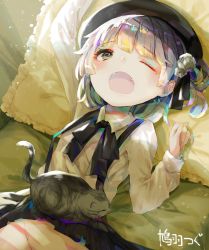 Rule 34 | 1girl, ;o, animal, arm up, bad id, bad pixiv id, beret, black hat, black ribbon, black skirt, brown eyes, brown hair, cat, clothes lift, collared shirt, commentary request, fangs, fingernails, flower, frilled pillow, frills, groin, hair flower, hair ornament, hair rings, hat, hatoba tsugu, long sleeves, looking at viewer, lying, mao ge, mole, mole under eye, no panties, on back, one eye closed, open mouth, out-of-frame censoring, outstretched arm, pillow, pleated skirt, ribbon, rose, shirt, skirt, solo, suspender skirt, suspenders, virtual youtuber, white flower, white rose, white shirt