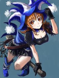 Rule 34 | 1girl, bad id, bad pixiv id, beni-syoga, blue footwear, blue hat, boots, broom, broom riding, brown hair, gloves, hat, long hair, orange eyes, sidesaddle, simple background, smile, solo, white hat, witch