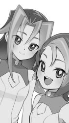 Rule 34 | 2girls, :&gt;, :d, commentary request, commission, dyed bangs, greyscale, highres, kamishiro rio, long hair, mizuki kotori (yu-gi-oh!), monochrome, multicolored hair, multiple girls, open mouth, selfie, shirt, short hair, simple background, skeb commission, sleeveless, sleeveless shirt, smile, two-tone hair, ukokkei, upper body, white background, yu-gi-oh!, yu-gi-oh! zexal