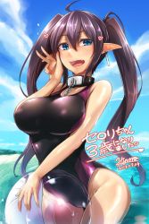 Rule 34 | 1girl, 2017, ball, beachball, black hair, black one-piece swimsuit, blue eyes, breasts, collar, competition swimsuit, dated, elf, fang, highleg, highleg swimsuit, highres, hiruno, large breasts, long hair, looking at viewer, metal collar, one-piece swimsuit, original, pointy ears, ponytail, signature, solo, swimsuit, v