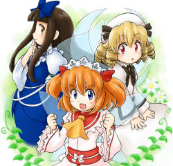 Rule 34 | 3girls, ascot, blonde hair, blue dress, blue eyes, bow, brown hair, chestnut mouth, clenched hands, daisy, dress, drill hair, fairy wings, fang, finger to mouth, flower, gradient background, hair bow, hat, hat ribbon, headdress, long hair, long sleeves, looking at viewer, luna child, multiple girls, nitamago, obi, open mouth, orange hair, plant, profile, red eyes, ribbon, sash, short hair, smile, star sapphire, sunny milk, touhou, twintails, vines, white dress, wings