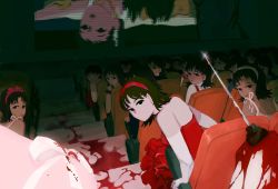 Rule 34 | 6+girls, absurdres, black hair, blood, commentary, congming33, dual persona, elbow gloves, gloves, highres, ice pick, kirigoe mima, looking at viewer, looking back, movie theater, multiple girls, perfect blue, pov, short hair