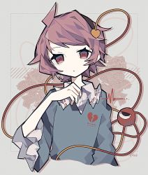 Rule 34 | 1girl, black hairband, blue sky, broken heart print, cardiogram, commentary request, cropped torso, hair ornament, hairband, hand up, hatsushiro mamimu, heart, heart hair ornament, highres, komeiji satori, looking at viewer, pink hair, red eyes, short hair, sky, solo, third eye, touhou, upper body, wide sleeves