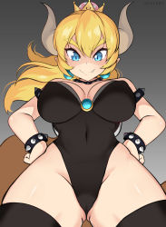 Rule 34 | 1girl, absurdres, armlet, black collar, black leotard, black thighhighs, blonde hair, bowsette, bracelet, closed mouth, collar, covered navel, earrings, fang, fang out, from below, highleg, highleg leotard, highres, hioyami, horns, jewelry, leotard, long hair, looking at viewer, mario (series), new super mario bros. u deluxe, nintendo, pointy ears, smile, solo, spiked armlet, spiked bracelet, spiked collar, spiked shell, spikes, strapless, strapless leotard, super crown, tail, thighhighs