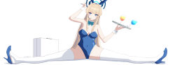 Rule 34 | 1girl, absurdres, animal ears, arm up, bare shoulders, blonde hair, blue archive, blue bow, blue bowtie, blue eyes, blue footwear, blue leotard, blue nails, bow, bowtie, breasts, cleavage, detached collar, fake animal ears, full body, halo, headset, high heels, highres, holding, holding tray, leotard, long hair, looking at viewer, medium breasts, mitsukayurie, nail polish, parted lips, playboy bunny, rabbit ears, shoe dangle, signature, simple background, sitting, spilling, split, spread legs, strapless, strapless leotard, suitcase, thighhighs, toki (blue archive), toki (bunny) (blue archive), tray, very long hair, white background, white thighhighs, wrist cuffs