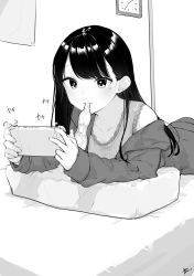Rule 34 | 1girl, absurdres, blush, braid, clock, collarbone, greyscale, handheld game console, highres, holding, holding handheld game console, jacket, long hair, long sleeves, looking at viewer, lying, mole, mole under eye, monochrome, mouth hold, nintendo switch, on stomach, original, playing games, signature, single braid, smile, solo, takenoko no you