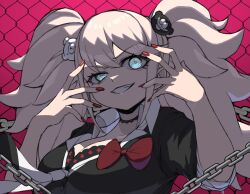 Rule 34 | 1girl, absurdres, bear hair ornament, black bra, black shirt, blonde hair, bow, bra, breasts, chain, cleavage, collarbone, danganronpa: trigger happy havoc, danganronpa (series), enoshima junko, grey eyes, grin, hair ornament, hands up, highres, large breasts, nail polish, pink background, ranf, red bow, red nails, shirt, smile, solo, teeth, twintails, underwear
