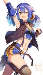 Rule 34 | 1girl, ;d, arm up, armpits, belt, black jacket, blue hair, blue sleeves, breasts, brown footwear, brown thighhighs, choker, collar, crop top, detached sleeves, flower, gradient hair, hair flower, hair ornament, hero channel, highres, isshiki (ffmania7), jacket, leg up, midriff, minamori hero, multicolored hair, navel, one eye closed, open clothes, open jacket, open mouth, short shorts, short sleeves, shorts, signature, sleeveless, sleeveless jacket, small breasts, smile, solo, standing, standing on one leg, stomach, sunflower, suspender shorts, suspenders, thighhighs, twintails, twitter username, two-tone hair, virtual youtuber, white background, yellow eyes