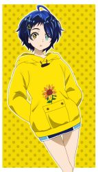 Rule 34 | 1girl, ahoge, arms behind back, blue eyes, blue hair, blue shorts, border, brown eyes, heterochromia, hood, hood down, hooded sweater, looking at viewer, onomekaman, ooto ai, open mouth, outline, polka dot, polka dot background, short hair, short shorts, shorts, solo, standing, sweater, thigh gap, triangle hair ornament, white border, wonder egg priority, yellow background, yellow sweater