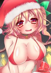 Rule 34 | 1girl, bikini, blonde hair, blush, bow, breasts, christmas, cleavage, collar, fang, flandre scarlet, hair bow, hat, large breasts, looking at viewer, matasabuyarou, open mouth, raised eyebrow, red bikini, red eyes, santa hat, side ponytail, solo, swimsuit, touhou, wings