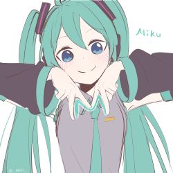 Rule 34 | 1girl, aqua hair, aqua necktie, bare shoulders, black sleeves, blue eyes, character name, commentary, detached sleeves, double v, gesture, grey shirt, hair ornament, hands up, hatsune miku, headphones, highres, letter, long hair, looking at viewer, m0ti, necktie, shirt, sketch, sleeveless, sleeveless shirt, smile, solo, twintails, twitter username, upper body, v, vocaloid, white background