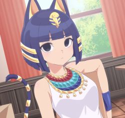 Rule 34 | animal crossing, animal ears, ankha (animal crossing), bare shoulders, black eyes, blue hair, blunt bangs, bracelet, breasts, cat ears, cat girl, cat tail, egyptian clothes, expressionless, gold, hair ornament, highres, humanization, indoors, jewelry, looking at viewer, medium breasts, nintendo, patrick fche, shirt, short hair, signature, sitting, sleeveless, sleeveless shirt, snake hair ornament, striped tail, tail, twitter username, usekh collar, white shirt, window