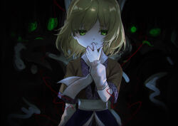 Rule 34 | 1girl, absurdres, arm warmers, black background, blonde hair, brown shirt, clenched teeth, commentary request, cowboy shot, green eyes, hand to own mouth, highres, looking at viewer, medium bangs, mizuhashi parsee, red pupils, rokuya (68 zusao), sash, scarf, shirt, short hair, short sleeves, solo, teeth, touhou, white sash, white scarf