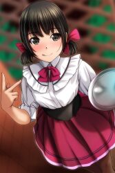 Rule 34 | 1girl, :q, absurdres, black hair, blurry, blurry background, blush, bow, brown eyes, brown pantyhose, closed mouth, collared shirt, depth of field, dress shirt, frilled shirt collar, frills, hair bow, hand up, highres, indoors, looking at viewer, matsunaga kouyou, nose blush, original, pantyhose, pleated skirt, puffy short sleeves, puffy sleeves, red bow, red skirt, shirt, short sleeves, short twintails, skirt, smile, solo, standing, tongue, tongue out, twintails, v, white shirt