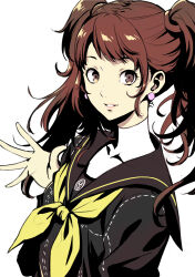 Rule 34 | 1girl, absurdres, brown eyes, brown hair, earrings, grin, highres, ito (daisukidanchi), jewelry, kujikawa rise, looking at viewer, persona, persona 4, school uniform, serafuku, simple background, smile, solo, twintails, white background