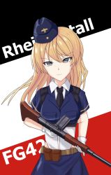 Rule 34 | 1girl, automatic rifle, battle rifle, black necktie, blonde hair, blue hat, blue skirt, character name, closed mouth, feet out of frame, fg42 (girls&#039; frontline), fg 42, german flag, girls&#039; frontline, gloves, grey eyes, gun, hat, highres, long hair, looking at viewer, midori mushi, military, military hat, military uniform, necktie, rifle, skirt, solo, standing, uniform, upper body, weapon, white gloves