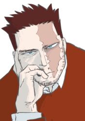 Rule 34 | 1boy, alternate costume, artist request, beard, beard stubble, boku no hero academia, bored, collared shirt, endeavor (boku no hero academia), facial hair, highres, jitome, looking at viewer, male focus, mature male, red sweater, scar, scar across eye, shirt, short hair, sideburns, solo, spiked hair, stubble, sweater, thick eyebrows, upper body