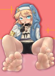 Rule 34 | 1boy, absurdres, artist request, barefoot, bike shorts, blonde hair, blue eyes, blush, bridget (guilty gear), feet, fingerless gloves, foot focus, gloves, guilty gear, guilty gear strive, highres, looking at viewer, male focus, medium hair, pink background, shorts, smile, soles, solo, toes, tongue, tongue out, trap