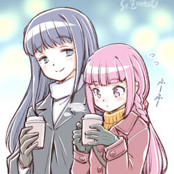 Rule 34 | 2girls, artist name, blue hair, blush, braid, coat, coffee, cup, disposable cup, flying sweatdrops, gloves, height difference, long hair, low ponytail, magia record: mahou shoujo madoka magica gaiden, mahou shoujo madoka magica, multiple girls, nanami yachiyo, pink hair, steam, studiozombie, tamaki iroha, upper body, winter clothes, yuri