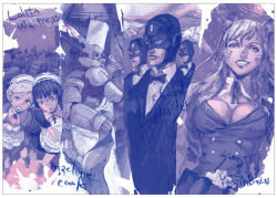 Rule 34 | 3boys, 3girls, :d, animal ears, armor, blue theme, bow, bowtie, breasts, cleavage, collared shirt, copyright request, dress shirt, formal, full armor, hands on own chest, large breasts, long sleeves, looking at viewer, maid, maid headdress, mask, masuda mikio, multiple boys, multiple girls, neck ribbon, open mouth, parted lips, puffy sleeves, ribbon, shirt, short hair, short sleeves, smile, suit, teeth, traditional bowtie
