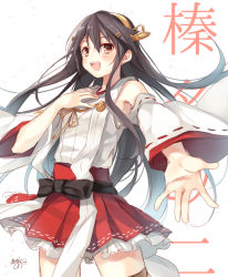 Rule 34 | 10s, 1girl, :d, black hair, brown eyes, character name, detached sleeves, frilled skirt, frills, hair ornament, hairband, hairclip, hand on own chest, haruna (kancolle), kantai collection, long hair, looking at viewer, nontraditional miko, one-hour drawing challenge, open mouth, outstretched hand, pleated skirt, reaching, ribbon-trimmed sleeves, ribbon trim, signature, sketch, skirt, smile, solo, thighhighs, toosaka asagi, translation request, zettai ryouiki