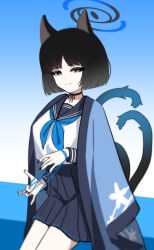 Rule 34 | 1girl, absurdres, animal ears, black eyes, black hair, black nails, black sailor collar, black skirt, blue archive, blue halo, blue neckerchief, cat&#039;s cradle, cat ears, cat tail, closed mouth, commentary, english commentary, fingernails, halo, haori, highres, japanese clothes, kikyou (blue archive), looking at viewer, multiple tails, nail polish, neckerchief, pleated skirt, sailor collar, school uniform, serafuku, short hair, skirt, solo, tail, tost (cloi123), two tails