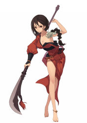 Rule 34 | 1girl, angry, anklet, barefoot, belt, black hair, braid, breasts, cleavage, crossed legs, feet, fkey, glaive (polearm), guan dao, highres, jewelry, large breasts, legs, long hair, nail polish, off shoulder, original, polearm, red eyes, simple background, solo, standing, tattoo, toenail polish, toenails, watson cross, weapon, white background