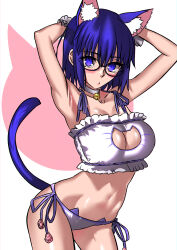 Rule 34 | 1girl, absurdres, alternate costume, animal ear fluff, animal ears, armpits, arms behind head, bell, black-framed eyewear, blue eyes, blue hair, blush, bra, breasts, cat cutout, cat ear panties, cat ears, cat lingerie, cat tail, ciel (tsukihime), cleavage cutout, clothing cutout, collarbone, commentary, english commentary, frilled bra, frills, fukou, glasses, hair between eyes, highres, jingle bell, kemonomimi mode, large breasts, lingerie, looking at viewer, meme attire, neck bell, panties, short hair, side-tie panties, solo, stomach, tail, tsukihime, underwear, white bra, white panties