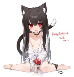 Rule 34 | 1girl, animal ears, bare legs, barefoot, bell, black hair, black panties, breasts, cat ears, cat girl, cat tail, collar, fang, full body, highres, indie virtual youtuber, long hair, long sleeves, looking at viewer, miyayoki, mushroom, naked shirt, neck bell, off shoulder, open clothes, open mouth, open shirt, panties, partially unbuttoned, red eyes, sexually suggestive, shirt, side-tie panties, sitting, skin fang, small breasts, suggestive fluid, tail, underwear, untied panties, unworn panties, virtual youtuber, wariza, white shirt, xingye (xing)