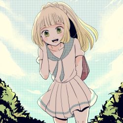 Rule 34 | 1girl, :d, atsumi yoshioka, backpack, bag, blonde hair, blush, braid, cloud, creatures (company), day, game freak, green eyes, hand up, high ponytail, knees, lillie (pokemon), long hair, looking at viewer, looking down, nintendo, open mouth, outdoors, pleated skirt, pokemon, pokemon sm, sailor collar, shirt, short sleeves, skirt, sky, smile, solo, teeth, tongue, upper teeth only, white shirt, white skirt