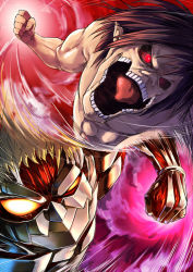 Rule 34 | armored titan, blonde hair, brown hair, clenched hand, cover, fighting, monster, muscular, no pupils, open mouth, red eyes, rogue titan, shingeki no kyojin, short hair, titan (shingeki no kyojin)