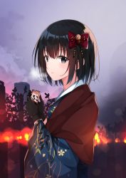 Rule 34 | 1girl, black gloves, black hair, blue kimono, bow, breath, can, commentary request, floral print, gloves, grey eyes, hair between eyes, hair bow, hands up, highres, holding, holding can, japanese clothes, kimono, long sleeves, looking at viewer, looking to the side, original, outdoors, print kimono, red bow, solo, sunset, taiyaki (astre), wide sleeves