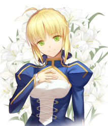 Rule 34 | ahoge, artoria pendragon (all), artoria pendragon (fate), blue dress, braid, corset, crown braid, dress, easter lily, fate (series), flower, green eyes, head tilt, juliet sleeves, lacing, lily (flower), long sleeves, looking at viewer, puffy sleeves, saber (fate), smile, solo, vmax-ver, white flower