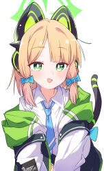 Rule 34 | 1girl, absurdres, animal ear headphones, animal ears, blonde hair, blue archive, blue bow, blue necktie, blunt bangs, blush, bow, bright pupils, cat ears, cat tail, collared shirt, commentary, fake animal ears, fake tail, fill (fill lemonn), green eyes, green halo, hair bow, halo, headphones, highres, jacket, looking at viewer, medium hair, midori (blue archive), necktie, open clothes, open jacket, open mouth, parted bangs, shirt, simple background, smile, solo, symbol-only commentary, tail, tail raised, tsurime, upper body, white background, white jacket, white pupils, white shirt