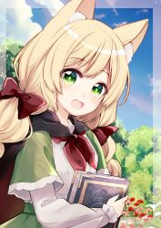Rule 34 | 1girl, :d, animal ear fluff, animal ears, black cape, blonde hair, blue sky, blush, book, bow, braid, cape, capelet, cloud, commentary request, day, flower, fox ears, fox girl, frilled sleeves, frills, green capelet, green eyes, hair bow, highres, holding, holding book, long hair, long sleeves, looking at viewer, neckerchief, open mouth, outdoors, pink flower, pixiv fantasia, pixiv fantasia scepter of zeraldia, red bow, red cape, red flower, red neckerchief, shindo hachigo, shirt, sky, smile, solo, tree, twin braids, two-sided cape, two-sided fabric, upper body, white shirt
