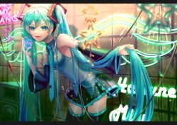 Rule 34 | 1girl, absurdres, aqua eyes, aqua hair, aqua necktie, black footwear, black skirt, blue eyes, boots, character name, collared shirt, cyan916, detached sleeves, frilled shirt, frills, hair ornament, hatsune miku, highres, long hair, looking at viewer, necktie, neon lights, number tattoo, open mouth, pleated skirt, shirt, skirt, sleeveless, sleeveless shirt, solo, standing, star (symbol), tattoo, thigh boots, thighhighs, twintails, vocaloid, zettai ryouiki