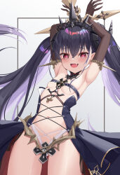 Rule 34 | 1girl, armpits, arms up, azur lane, black dress, black gloves, blush, bound, bound wrists, breasts, center opening, cross, crossed bangs, dress, elbow gloves, fang, felix schultz (azur lane), gloves, hair between eyes, heart, heart-shaped pupils, highres, humo, iron cross, long hair, looking at viewer, navel, open mouth, purple hair, red eyes, revealing clothes, showgirl skirt, small breasts, smile, solo, symbol-shaped pupils, twintails