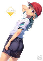 Rule 34 | 1girl, aqua hair, arm at side, arm up, artist logo, artist name, ass, black shorts, breasts, commentary request, dutch angle, from side, gym shirt, gym shorts, gym uniform, hair tie, highres, long hair, looking at viewer, looking to the side, original, pairan, parted lips, purple eyes, red headwear, shirt, short sleeves, shorts, small breasts, smile, solo, white shirt